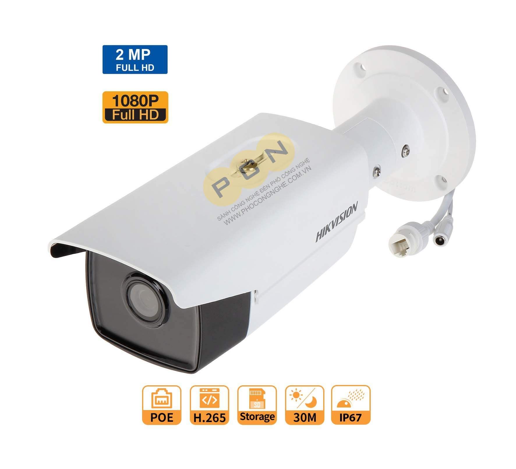 Camera IP thân trụ 2MP HIKvision DS-2CD2T23G0-I5 hồng ngoại 50M