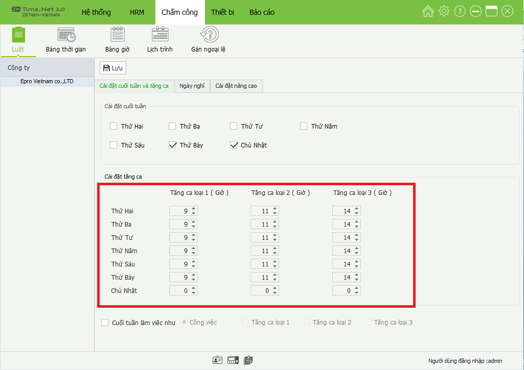 Cài đặt cuối tuần và tăng ca trong phần mềm ZKTime net 3.0