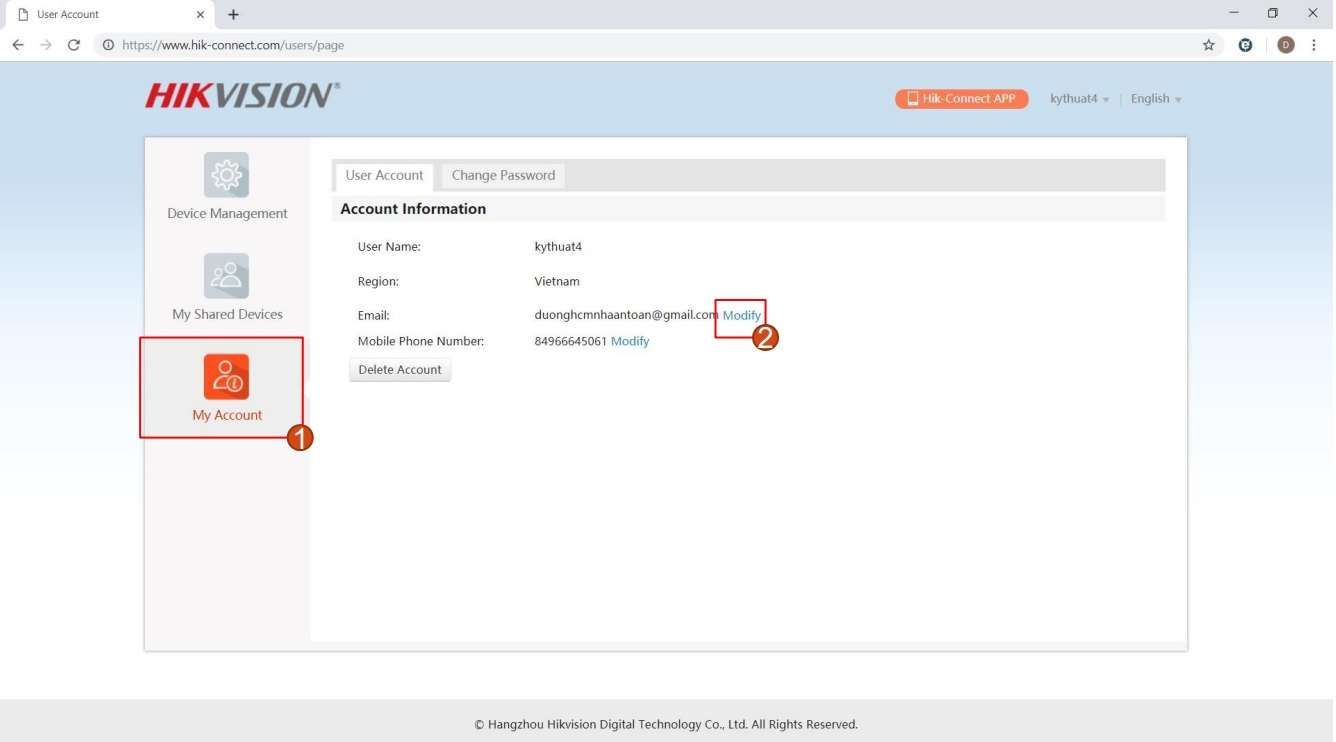 Hướng Dẫn Thay Đổi Email, Số Điện Thoại Và Xóa Tài Khoản Hik-Connect