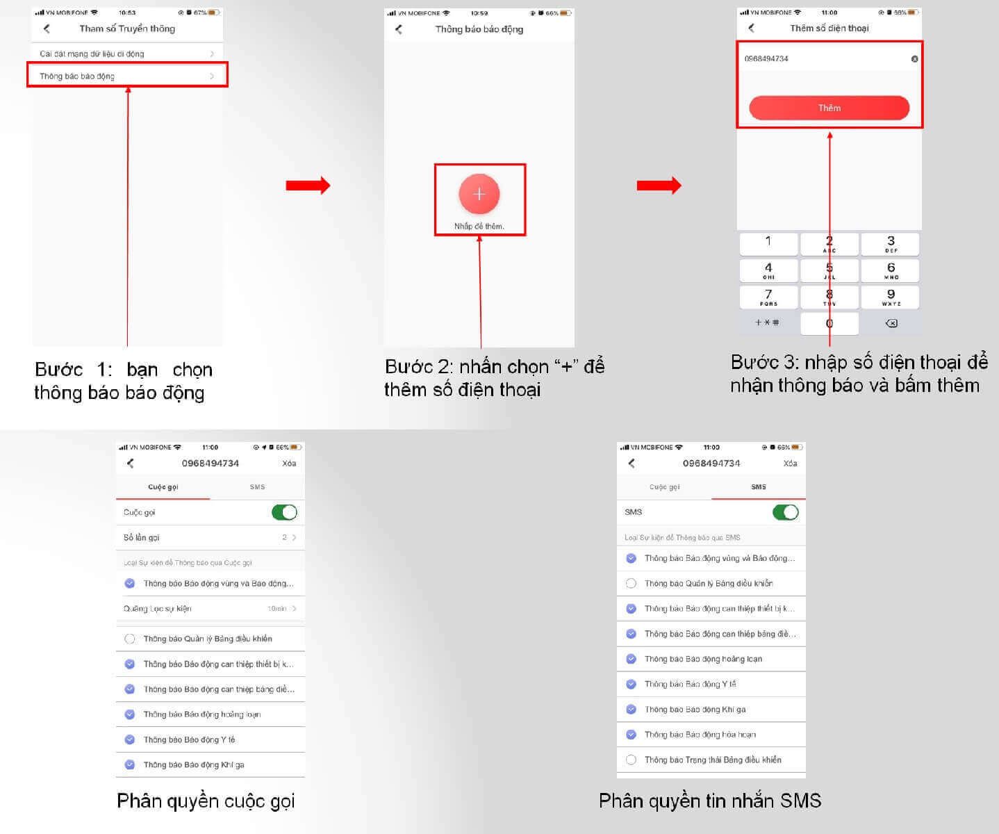 Cấu hình số điện thoại được nhận cuộc gọi và SMS báo động
