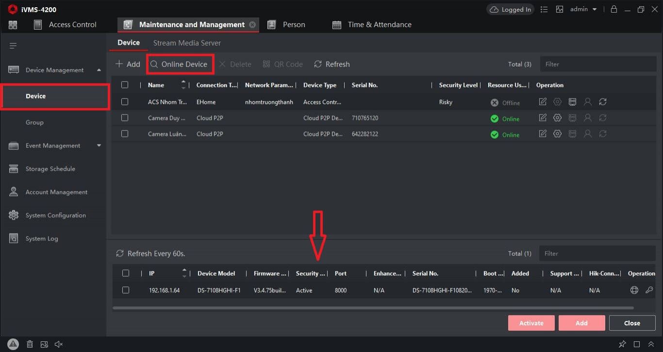 Kích hoạt thiết bị trên phần mềm iVMS-4200 AC