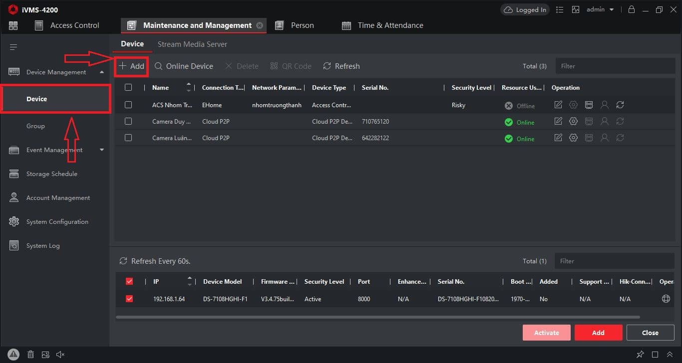 Thêm thiết bị bằng IP/Domain trên phần mềm iVMS-4200 AC