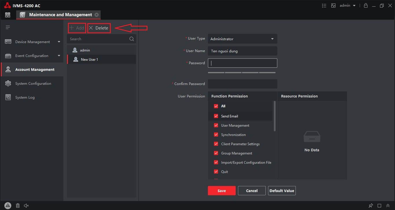 Thêm người dùng phần mềm iVMS-4200 AC