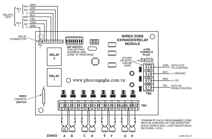 Sơ đồ đấu dây Bo mạch mở rộng 8 zone Honeywell 4229