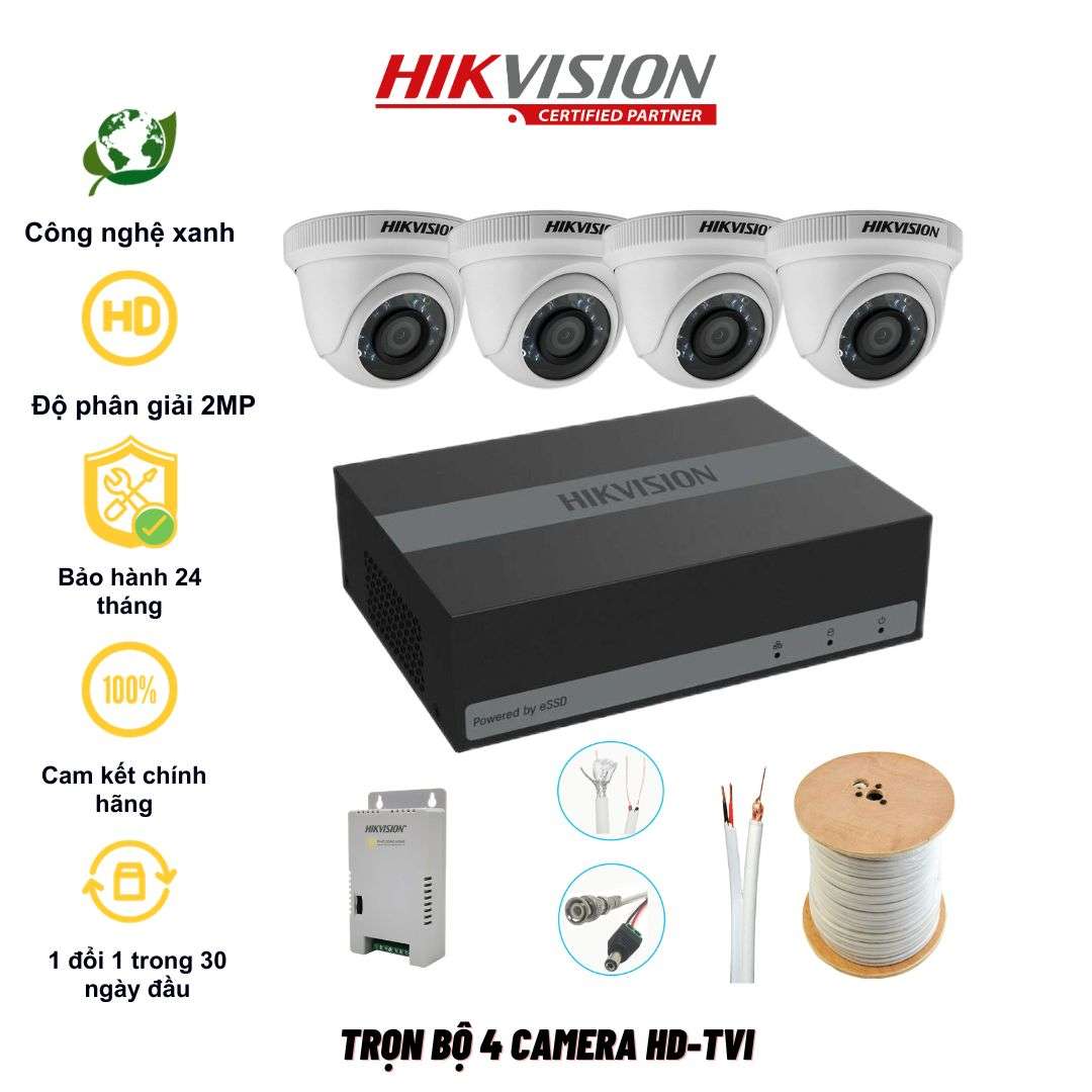 Trọn bộ 4 camera HD-TVI 2MP Hikvision