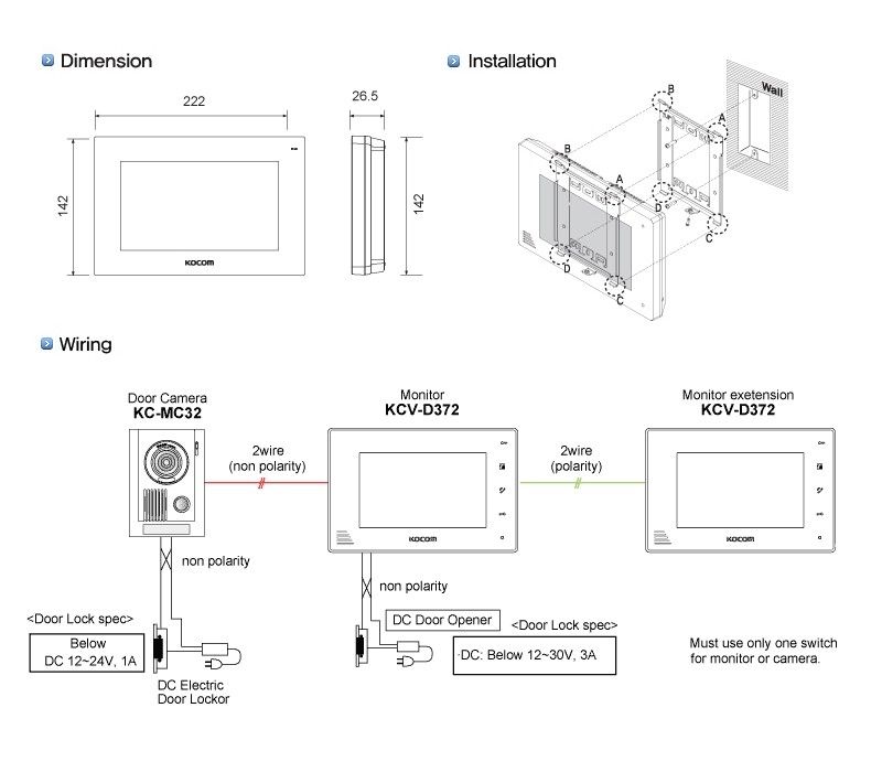 Sơ đồ kết nối chuông cửa màn hình Kocom KCV-D372+KC-MC32