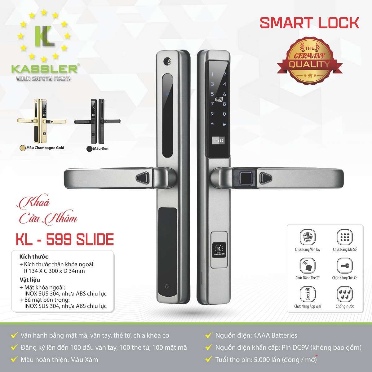 Khóa vân tay cửa nhôm Kassler KL-599 Slide