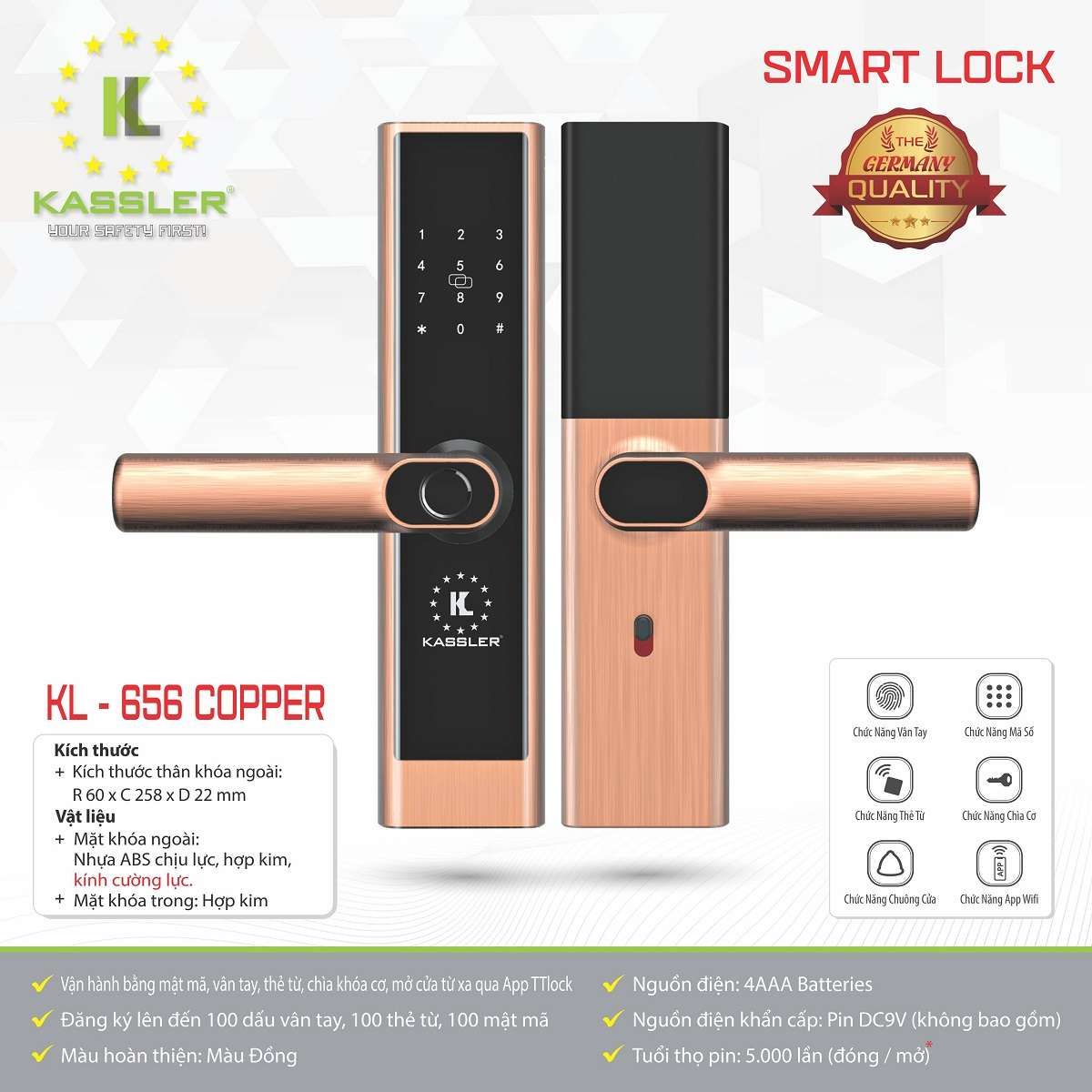 Khóa cửa điện tử Kassler KL-656 Copper