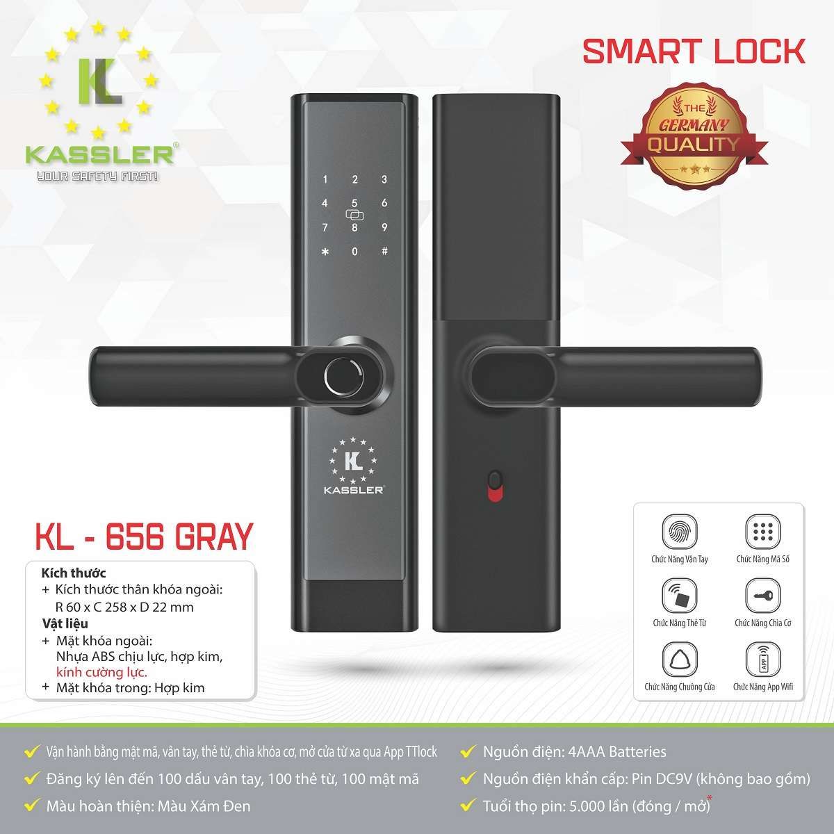 Khóa cửa điện tử Kassler KL-656 Gray