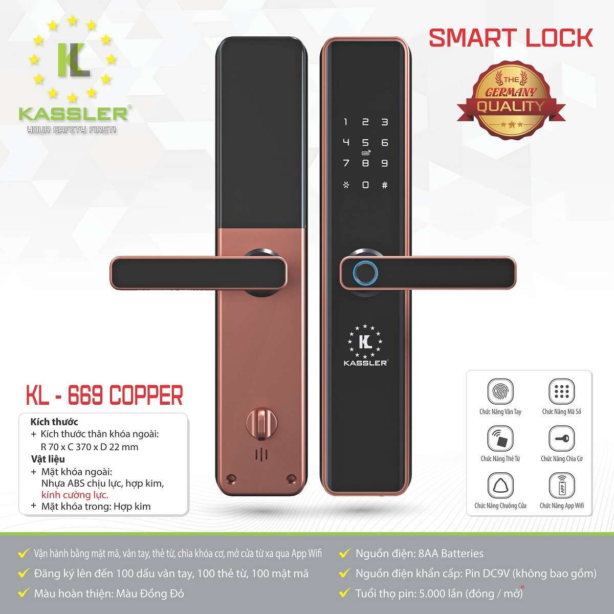 Khóa cửa điện tử Kassler KL-669 Copper