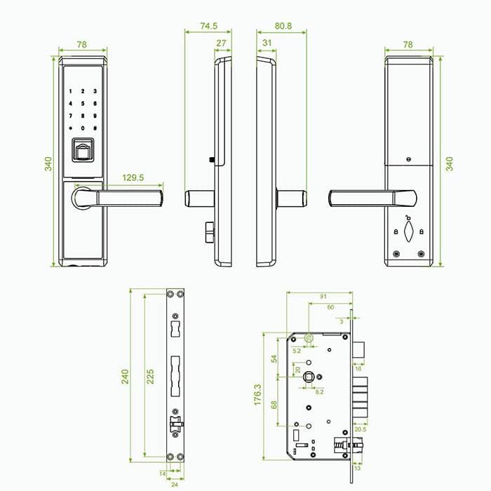 Kích thước Khóa cửa vân tay cao cấp ZKTeco TL100Khóa cửa vân tay cao cấp ZKTeco TL100