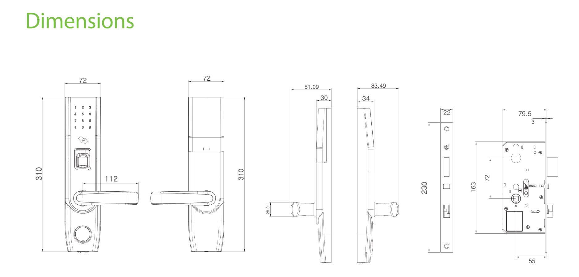 Kích thước khóa ZKTeco TL400B