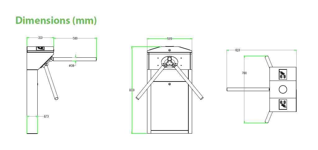 Kích thước Cổng xoay Tripod turnstiles ZKTeco TS1000