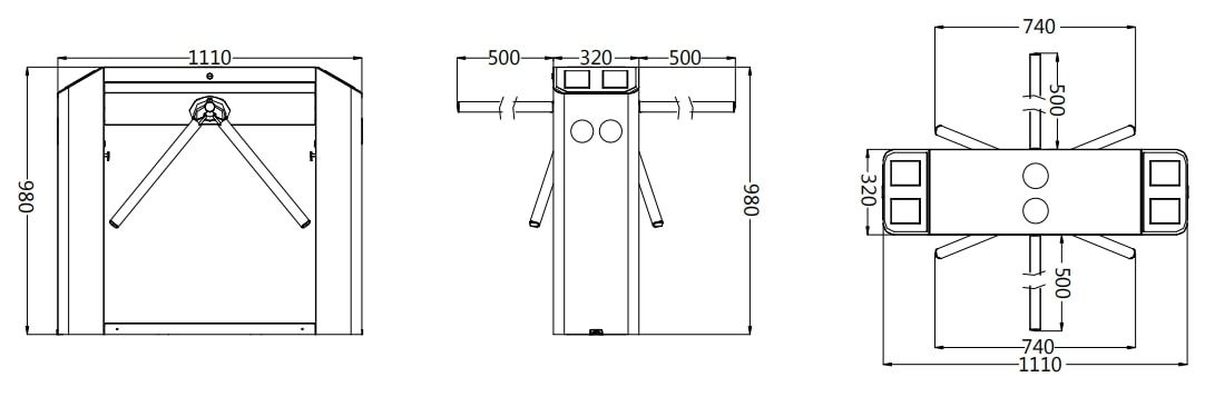 Kích thước Cổng xoay thanh chắn 3 càng Tripod turnstiles ZKTeco TS2200