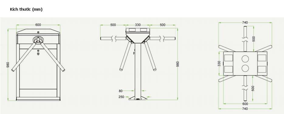 Kích thước Cổng xoay Tripod turnstiles ZKTeco TS1200