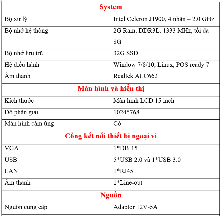 Thông số kỹ thuật Máy tính tiền POS ZKTeco ZK 1515